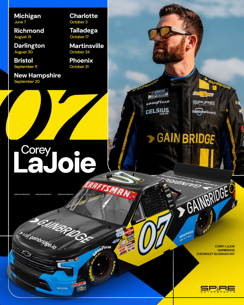 Affiche de Corey LaJoie avec le camion Chevrolet Silverado n°07 de Spire Motorsports, mettant en avant son parrainage Gainbridge, et les dates des prochaines courses de la saison NASCAR CRAFTSMAN Truck Series.